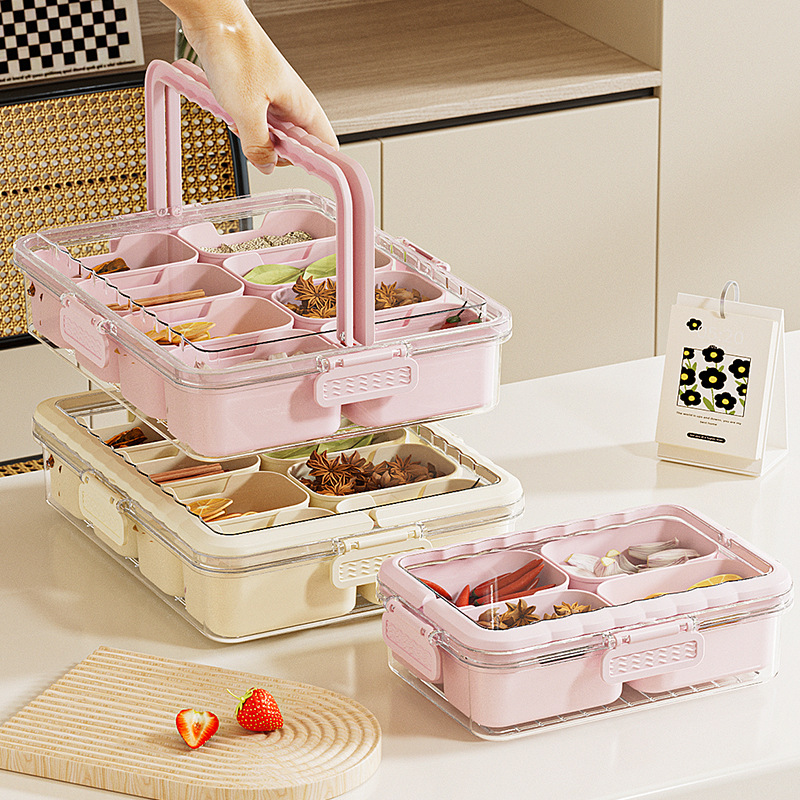 Creative Spice Storage Box Kitchen Portable with Lid Compartment Seasoning Partition Box