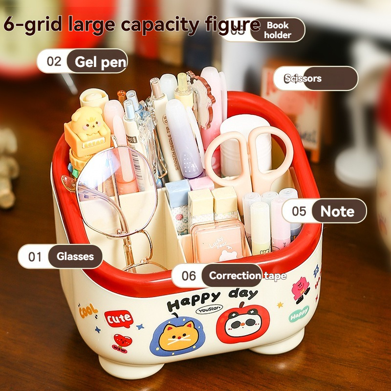 Cartoon Desktop Storage Box - 6-Grid Large Capacity Organizer for Office Supplies