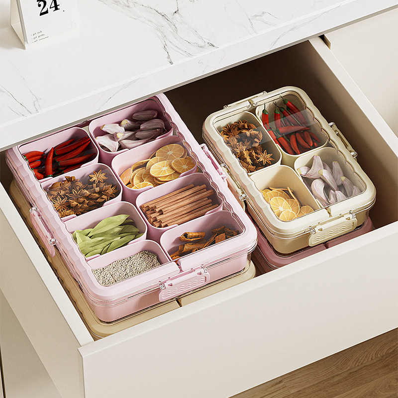 Creative Spice Storage Box Kitchen Portable with Lid Compartment Seasoning Partition Box