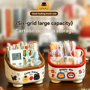 Cartoon Desktop Storage Box - 6-Grid Large Capacity Organizer for Office Supplies
