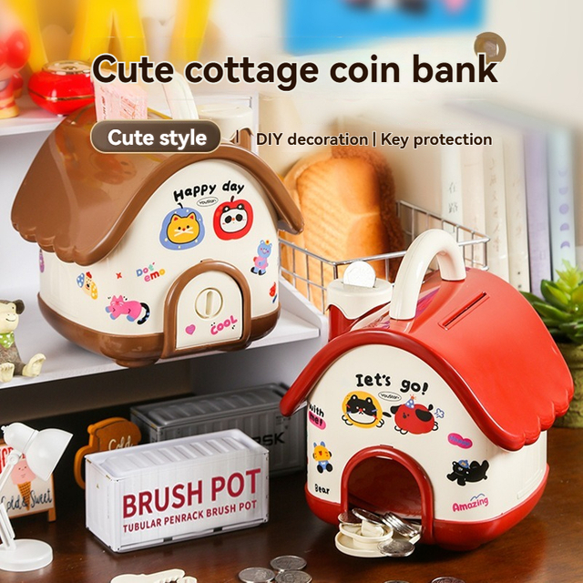 Red-Cabin And Brown-Cottage Coin Bank for Wholesale - Cute Desktop Decoration with DIY Cartoon Stickers