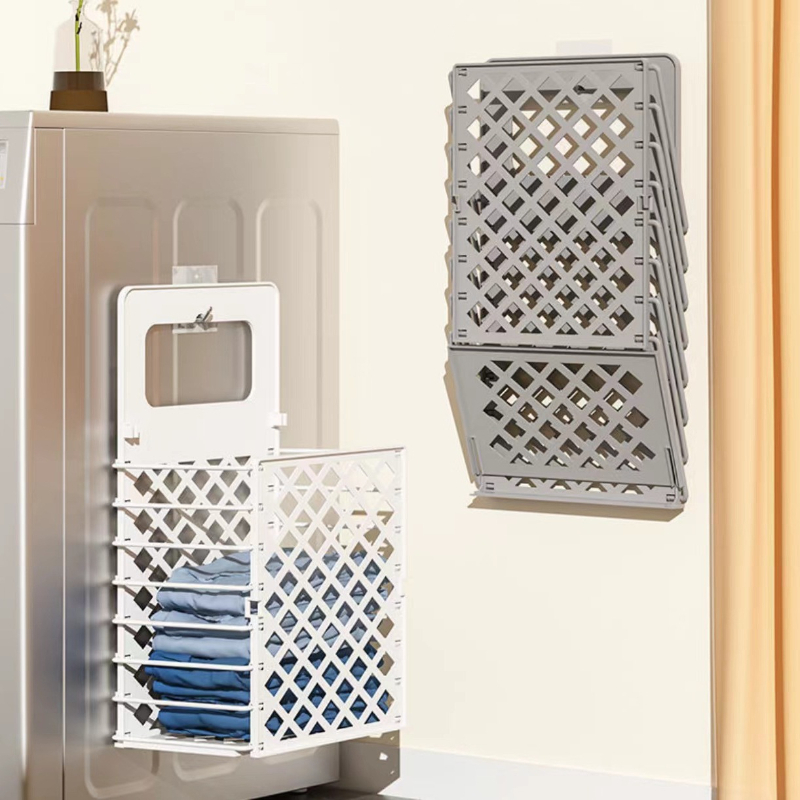 Dimensional breakdown and folding mechanism of the wall-mounted laundry basket highlighting optimized packaging volume