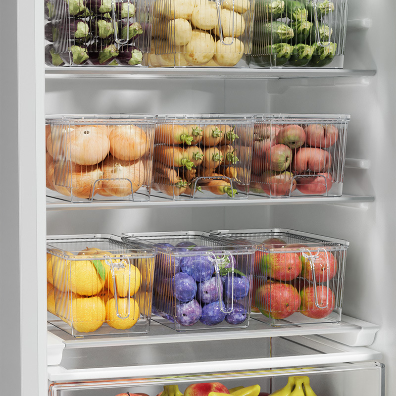 Stackable PET refrigerator storage bin with ergonomic handle for easy access