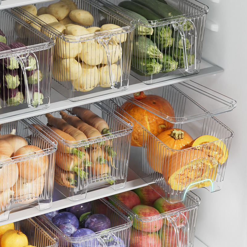 Clear food storage container maintaining ingredient freshness in a commercial fridge
