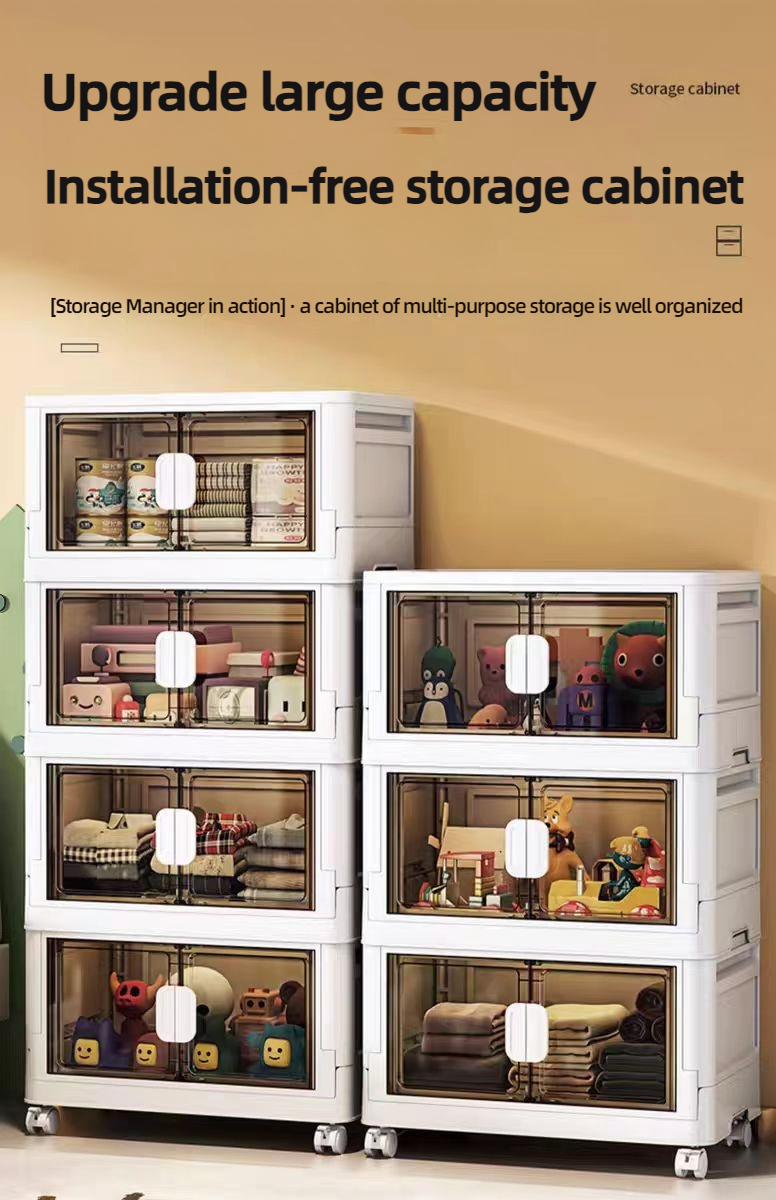 Comprehensive eco-friendly PE plastic storage cabinets for toys and clothes in a modern nursery setting