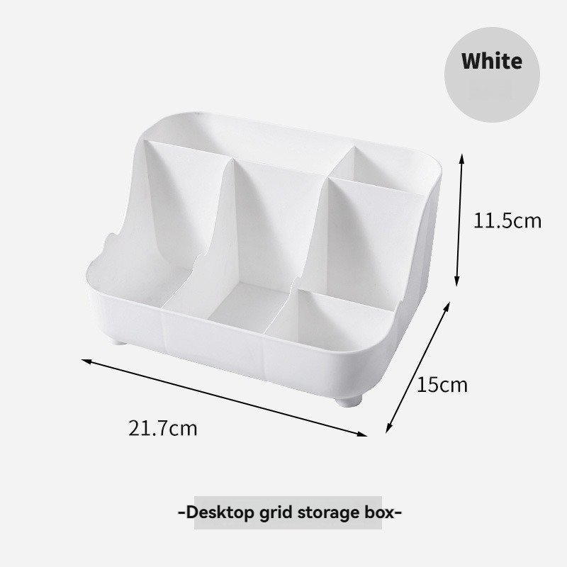 Multi-compartment trapezoid desktop organizer showing smooth edges and deep storage sections