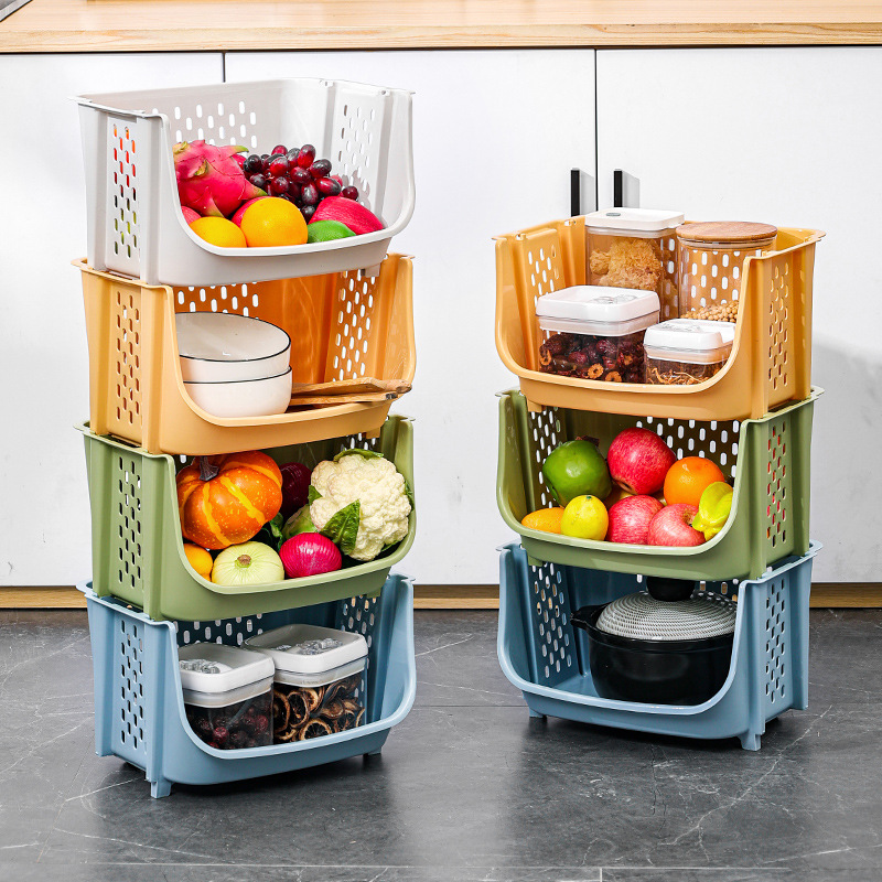 Stackable breathable kitchen storage basket in multiple colors for retail display