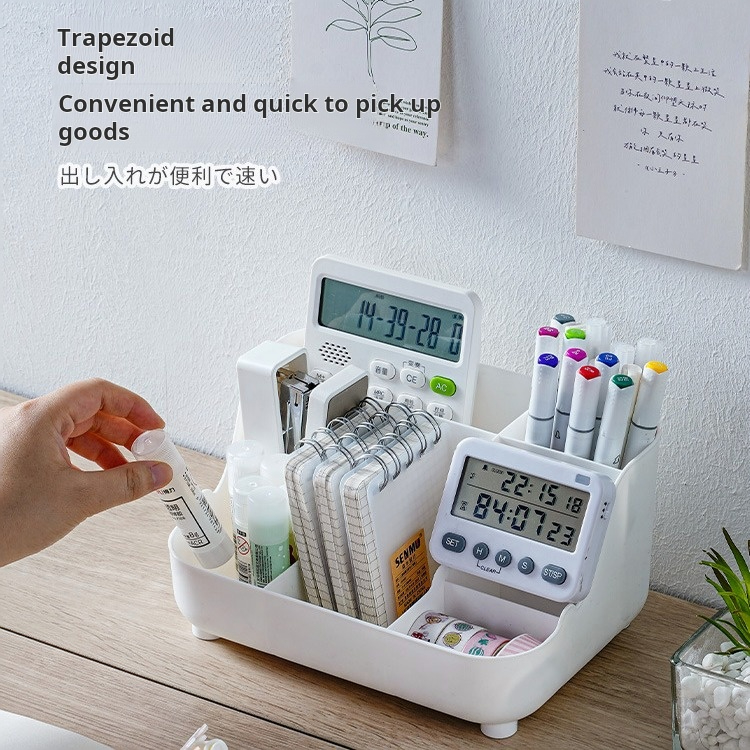Ergonomic trapezoid design pen holder demonstrating easy access compartments and stable base