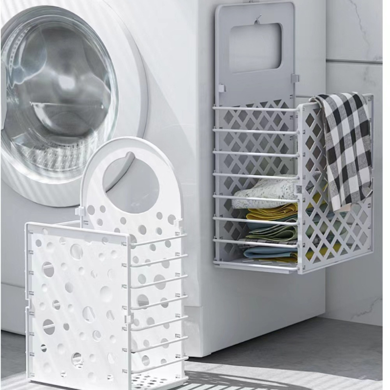 Wall-mounted folding laundry basket showing thickened eco-friendly PP plastic with matte finish and hollow ventilation for damp environments